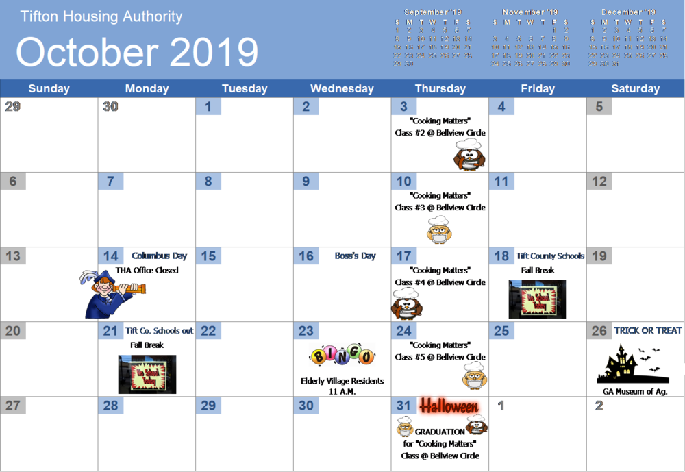 THA October 2019 calendar