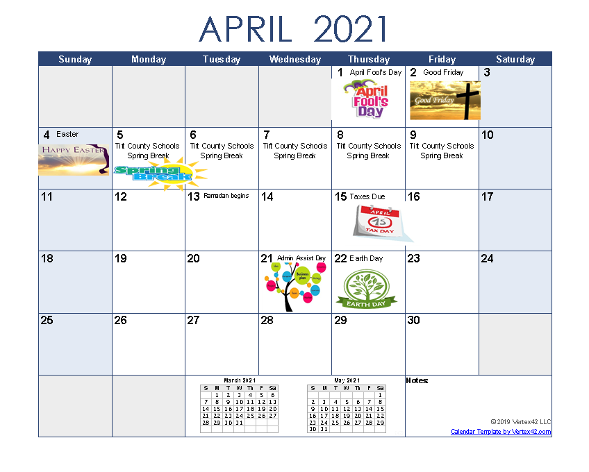 April  2021 calendar. All information on this calendar is listed below.