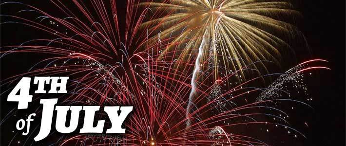 4th Of July written on a background of fireworks exploding in the night sky.