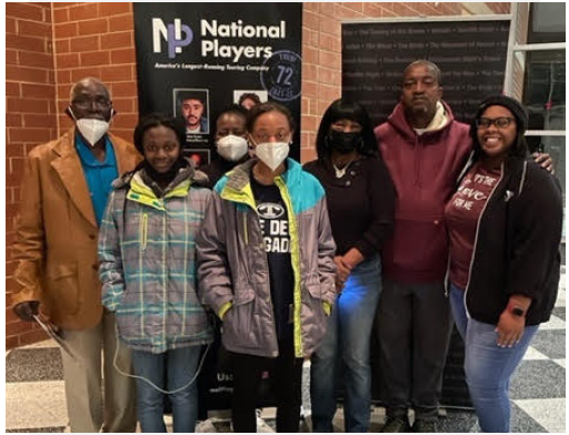 Pictured above - Edwin Williams - brown coat Ms. Rosa Thorton - black mask  Lee Strozier and Torie Coleman enjoyed A Raisin in the Sun stage play on Feb. 8th