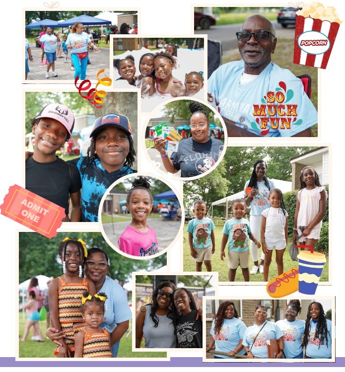 A 10 Photo Collage of Tifton Residents from different events. Kids smiling, Adults having fun. A clip art of a popcorn bucket.
