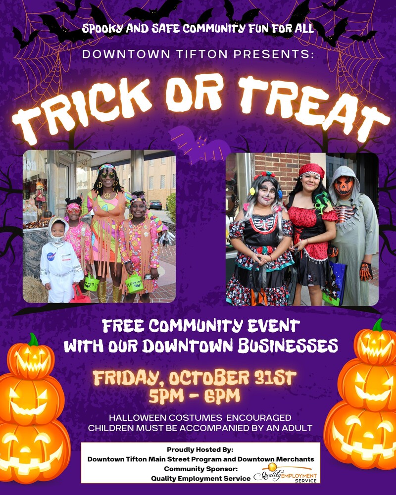 Trick or Treat event flyer. All information from this flyer is listed below.