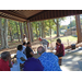 Residents are gathered together at a table that is overlooking a stage area at the head of the pavilion. 